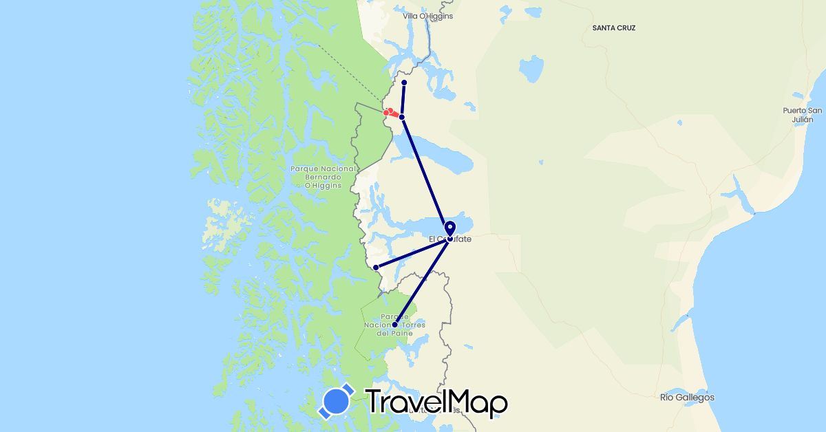 TravelMap itinerary: driving, hiking in Argentina, Chile (South America)